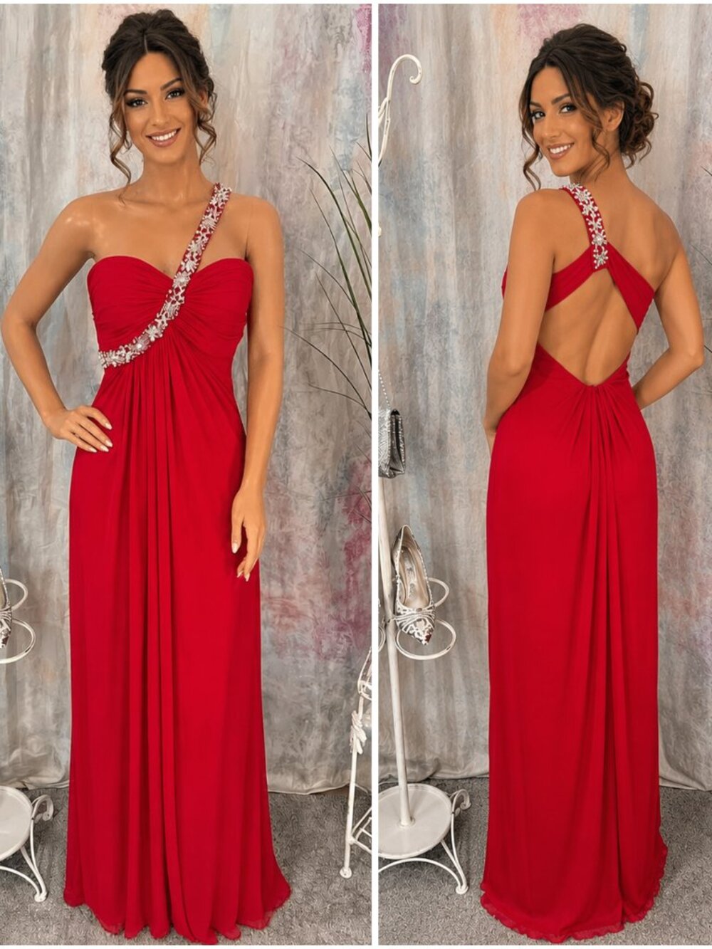 📌Cache One-Shoulder Draped Chiffon Beaded Plated Bodice Gown Deep Back Neckline